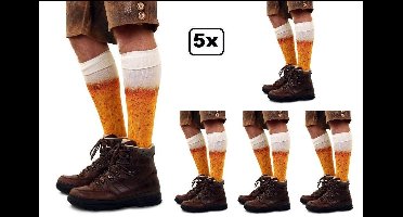 5x Paar biersokken geel met wit - maat 39-42 - knie kousen gele knee kousen sportsokken cheerleader voetbal hockey unisex festival bier feest apres ski