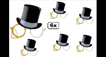 6x Bril hoge hoed met monocle goud - Themafeest festival verjaardag party fun bril