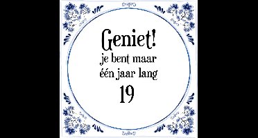 Verjaardag Tegeltje met Spreuk (19 jaar: Geniet! je bent maar één jaar 19! + cadeau verpakking & plakhanger