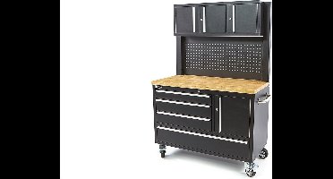 122 cm Profi Werkbank met Kastenwand en Houten Blad - ZWART