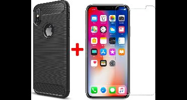 Geborsteld Siliconen Hoesje geschikt voor Apple iPhone Xs / X + Screenprotector Tempered Glass - Zwart TPU Hoesje van iCall