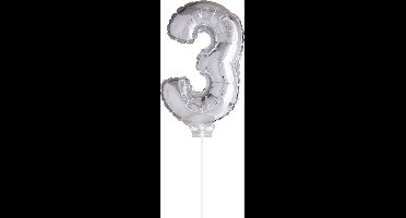 Cijfer ballon 3 Zilver met stokje | 40cm
