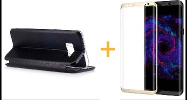 Hoesje geschikt voor Samsung Galaxy S8+ / S8 Plus - Kunstlederen Wallet Case Zwart + Screenprotector Goud (3D) - Portemonnee Hoesje met Magneet sluiting - Book Case - Flip Cover - Klap - 360 beschermend Telefoonhoesje (Black)