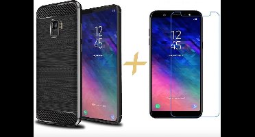 Hoesje geschikt voor Samsung Galaxy A6 (2018) - Geborsteld Siliconen TPU - Zwart Rugged Armor + Screen Protector Tempered Glass - Case van iCall