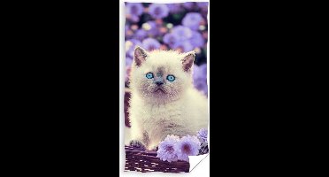 Carbotex Badlaken kat met paarse bloemen 70x140 cm