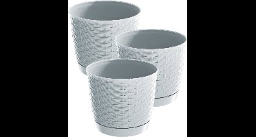 3x stuks ronde gevlochten plantenpotten/bloempotten kunststof dia 25 cm en hoogte 22 cm in het parel wit
