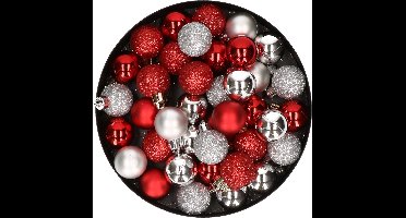 Kleine kunststof kerstversiering 40x stuks set en 3 cm kerstballen in het zilver en rood - Voor kleine kerstbomen