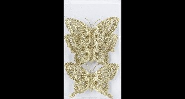 3x stuks decoratie vlinders op clip glitter goud 14 cm - Bruiloftversiering/kerstversiering decoratievlinders
