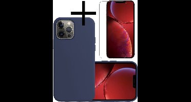 Hoesje - Met Screenprotector - Geschikt voor Apple iPhone 13 Pro Max - Sterk & Shockproof - Back Cover - Siliconen Case - Telefoon Hoes - Donkerblauw