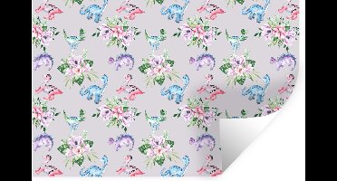 Muurstickers - Sticker Folie - Kinderkamer - Dinosaurus - Grijs - Meisjes - Kinderen - Roze - 30x20 cm - Plakfolie - Muurstickers Kinderkamer - Zelfklevend Behang - Zelfklevend behangpapier - Stickerfolie