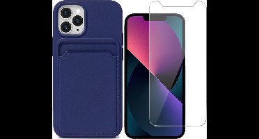 Hoesje Pasjeshouder geschikt voor iPhone 13 Pro Blauw - Siliconen Case Back Cover + Screenprotector Glas