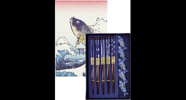 Tokyo Design Studio - Eetstokjes Giftset - Vis Design - 5 Paar - Blauw/Goud - Bamboe