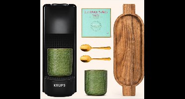 KRUPS Nespresso Essenza Mini cadeaupakket - koffiemachine met 2 groene mokken, houten tray, 2 goudkleurige koffielepeltjes & heerlijke koekjes van Biscuiterie La Sablésienne