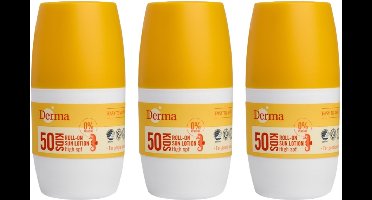 Derma Sun Kids - Zonnebrand Roll-on SPF50 - 3 x 50 ml - Hoge UVA en UVB Bescherming - Waterbestendig - Parfumvrij - Met Aloe Vera en Vitamine E - AllergyCertified