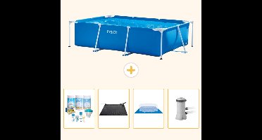 Intex Rechthoekig Frame Zwembad - 300 x 200 x 75 cm - Blauw - Inclusief Onderhoudspakket - Solar Mat - Grondzeil - Zwembadfilterpomp - 5-delig