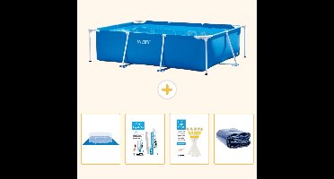 Intex Rechthoekig Frame Zwembad - 220 x 150 x 60 cm - Blauw - Inclusief Grondzeil - Reparatiesetje - Testrips - Solarzeil - 5-delig