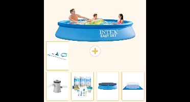 Intex Rond Opblaasbaar Easy Set Zwembad - 305 x 61 cm - Blauw - Inclusief Pomp - Onderhoudspakket - Afdekzeil - Grondzeil - Schoonmaakset - 6-delig