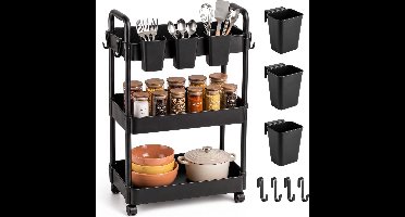 Keuken trolley op Wieltjes - 3 laags - Keukenrek - Serveerwagen - Kastje - Karretje - Opberg - Douche kastjes staand - Rekje - Zwart - Luft