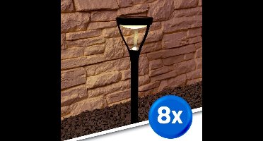 Solar tuinlamp prikspot 'Birdie' - Set van 8 - 45 cm hoog - Warm wit (3000K) - IP44 - Met schemersensor - Staande lamp op zonne-energie - Zwart
