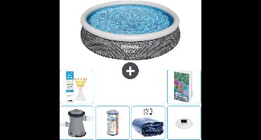 Bestway Rond Opblaasbaar Fast Set Zwembad - Rotanprint - 366 x 76 cm - Inclusief Pomp - Filter - Solarzeil - Verlichting - 7-delig