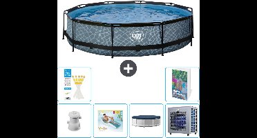 EXIT Rond Stone Frame Zwembad - 360 x 76 cm - Inclusief Pomp - Loungebed - Afdekzeil - Warmtepomp - 7-delig