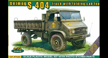 ACE Modelbouwpakket Militaire voertuigen - 72466 Unimog S 404 Pick-up met Opvouwbare Cabinekap - Duitse Militaire Vrachtwagen Plastic - 1:72 - Modelbouw