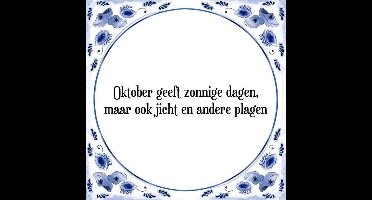 Tegeltje met Spreuk (Tegeltjeswijsheid): Oktober geeft zonnige dagen, maar ook jicht en andere plagen + Kado verpakking & Plakhanger