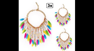 3x Halsketting met veertjes multi colour Ibiza