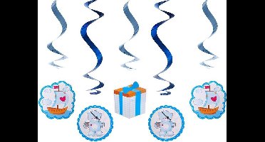 Geboorte jongen versiering - Swirls blauw beer - 5 stuks