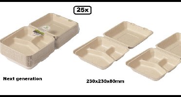25x Menubak suikerrietpulp 3-vaks Next generation 230x230x80mm - menubox menu take away afhaal natuurlijke grondstoffen
