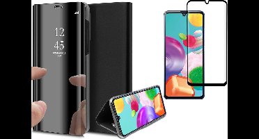 Hoesje geschikt voor Samsung Galaxy A41 - Screen Protector FullGuard - Book Case Spiegel Zwart & Screenprotector
