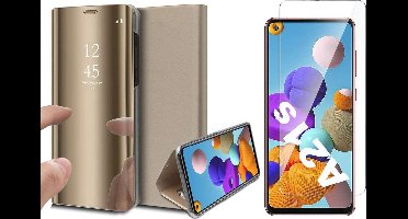 Hoesje geschikt voor Samsung Galaxy A21s - Screen Protector GlassGuard - Book Case Spiegel Goud & Screenprotector