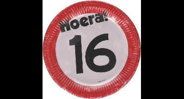Kartonnen Bordjes hoera 16 jaar 23cm 8 st - Wegwerp borden - Feest/verjaardag/BBQ borden