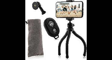 MOJOGEAR Flexibel statief met extra stevige poten KIT - Met telefoonhouder, bluetooth remote, GoPro-adapter & opbergzakje - Tot 24 cm hoog - Voor smartphone, compact camera & action cam - Zwart