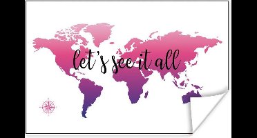 Poster Wereldkaart - Roze - Kompas - 30x20 cm