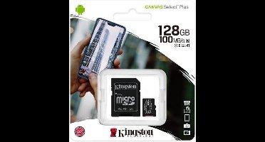 Kingston Technology Select Plus Flashgeheugen | 128 GB Micro SDXC Klasse 10 UHS-I | Zwart - Inclusief Adapter