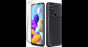 Hoesje Geschikt Voor Samsung Galaxy A21s Hoesje Geborsteld TPU case / Brushed back cover Zwart - 3x screen protector