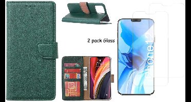Hoesje Geschikt voor iPhone 12 Mini hoesje - bookcase / wallet cover portemonnee Bookcase Groen + 2x tempered glass / Screenprotector