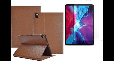 Hoes geschikt voor iPad Pro 2021 12.9 inch - Screenprotector GlassGuard - Hoes Leren Case Bruin