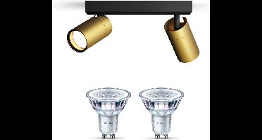 Philips Idris Opbouwspot voor Badkamer (Zwart/Goud) - Badkamerlamp - Warmwit Licht - Plafondspot met 2 Lichtpunten - GU10 - Niet Dimbaar