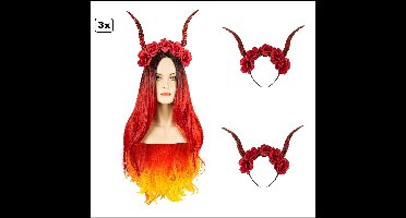 3x Diadeem met hoorns en bloemen rood - Halloween heks horror festival griezel thema