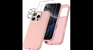 Hoesje Geschikt voor iPhone 16 Pro – Zacht siliconen liquid backcover met 2x screenprotectors gehard glas en 1x lens protector – Zand