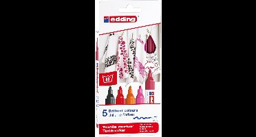 edding 4500 textielstift - zwart, rood, oranje, roze en karmijnrood - 5 stuks - ronde punt 2-3 mm - textielstiften wasmachinebestendig (60°C) om op textiel te tekenen - textielmarker voor volwassenen en kinderen