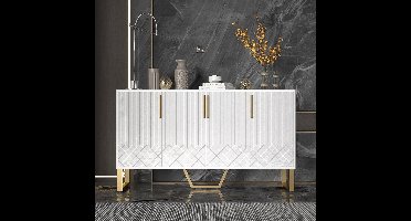 Hoogglans dressoirkast - Moderne buffetkast met 4 deuren en metalen handgrepen, poten - voor hal, entree, keuken of woonkamer - Wit 140L*40B*80H cm