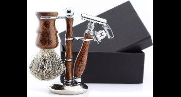 Scheerset voor mannen-DE-veiligheidsscheermes, scheerkwast en scheerstandaard, 3-delige houten scheerset voor mannen Scheren thuis en in de salon