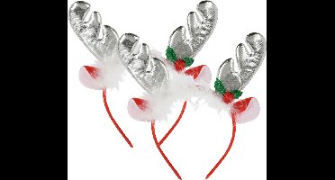 Home & styling Kerst diadeems/haarbanden - 2x - rendier gewei met oren - zilver - polyester