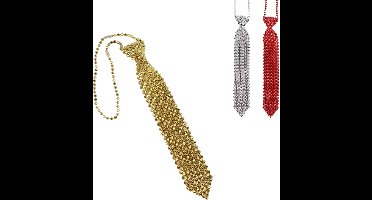 Feest party glitter stropdas met kralen metallic 32 cm goud, zilver, rood assorti doos 36 stuks