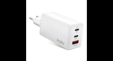 Aqiila USB oplader, 67W, USB-C Adapter, Snellader GaN, PD Power Delivery, 2x USB-C, 1x USB-A, 100-240V, compact Design, Chargebird W3 Wit