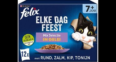 Felix Elke Dag Feest 7+ Senior Mix Selectie - Kattenvoer Natvoer - Zalm tonijn Kip & Rund - 12 x 85 g