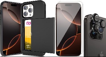 Hoesje met Pasjeshouder geschikt voor iPhone 16 Pro - Screenprotector GlassGuard & Camera Lens Screen Protector Zwart - Back Cover SlideCase Zwart